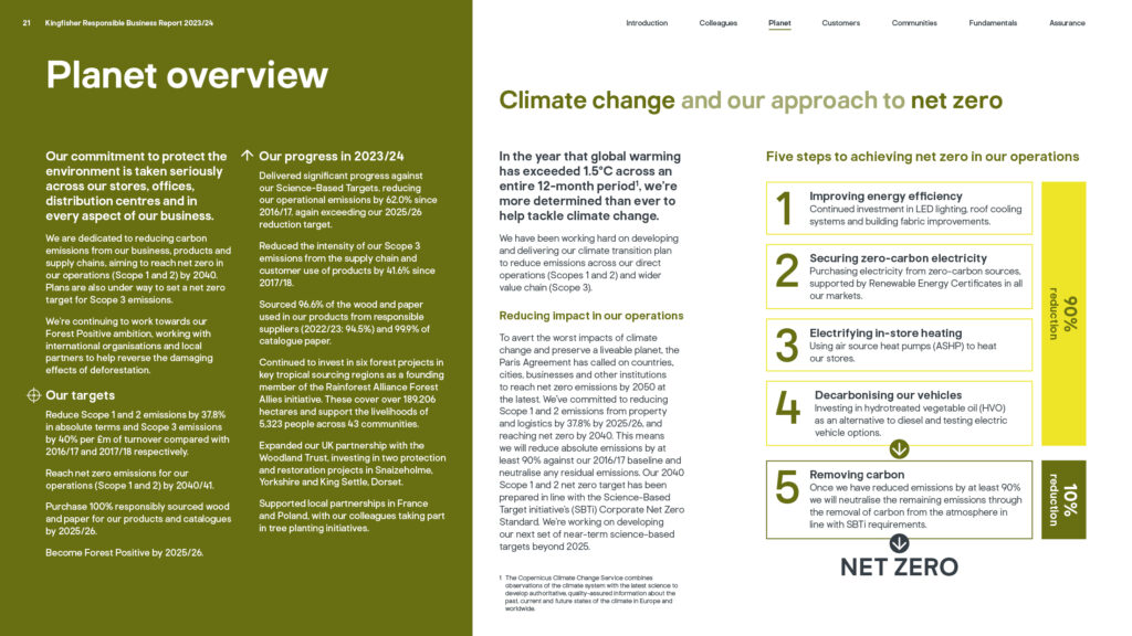 Kingfisher Responsible Business Report 2023-24 Sample Planet page